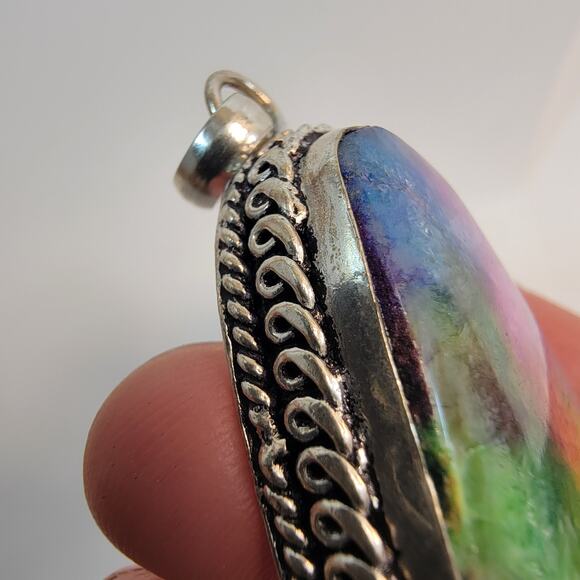 Handmade Fluorite Gemstone Pendant in Sterling Silver Colorful Statement Jewelry - Picture 10 of 10